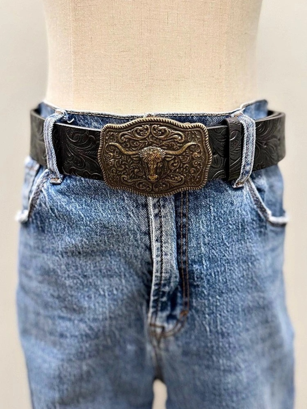 Western Black Embossed Belt Bull Skull Buckle Adjustable 2 Sizes